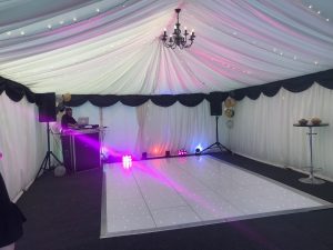6 x 9m lined roof and walls, string lighting, white LED dance floor, chandelier